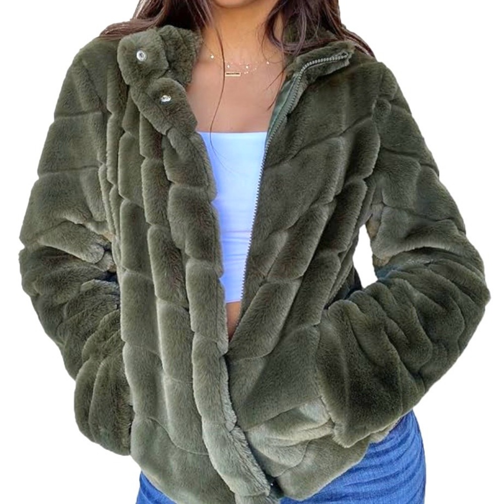 Ci Sono Olive Green Luxe Faux Fur Chevron Pattern Sporty Bomber Moto Jacket L